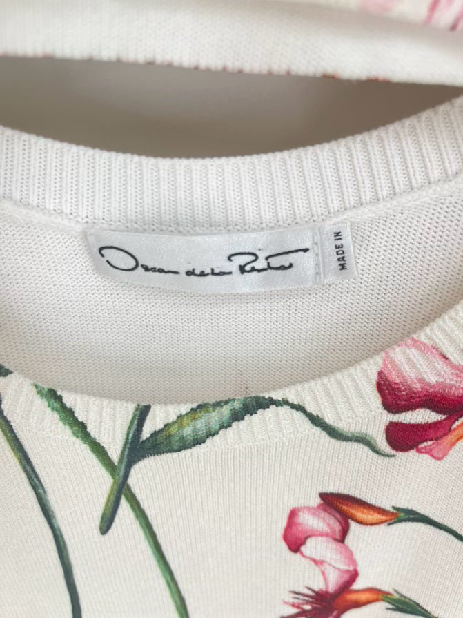 OSCAR DE LA RENTA Size M Beige Floral Print Cardigan & Shell 2pc Top
