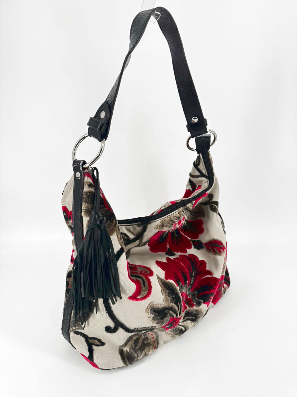 GLENDA GIES Gray & Red Velour Floral Purse