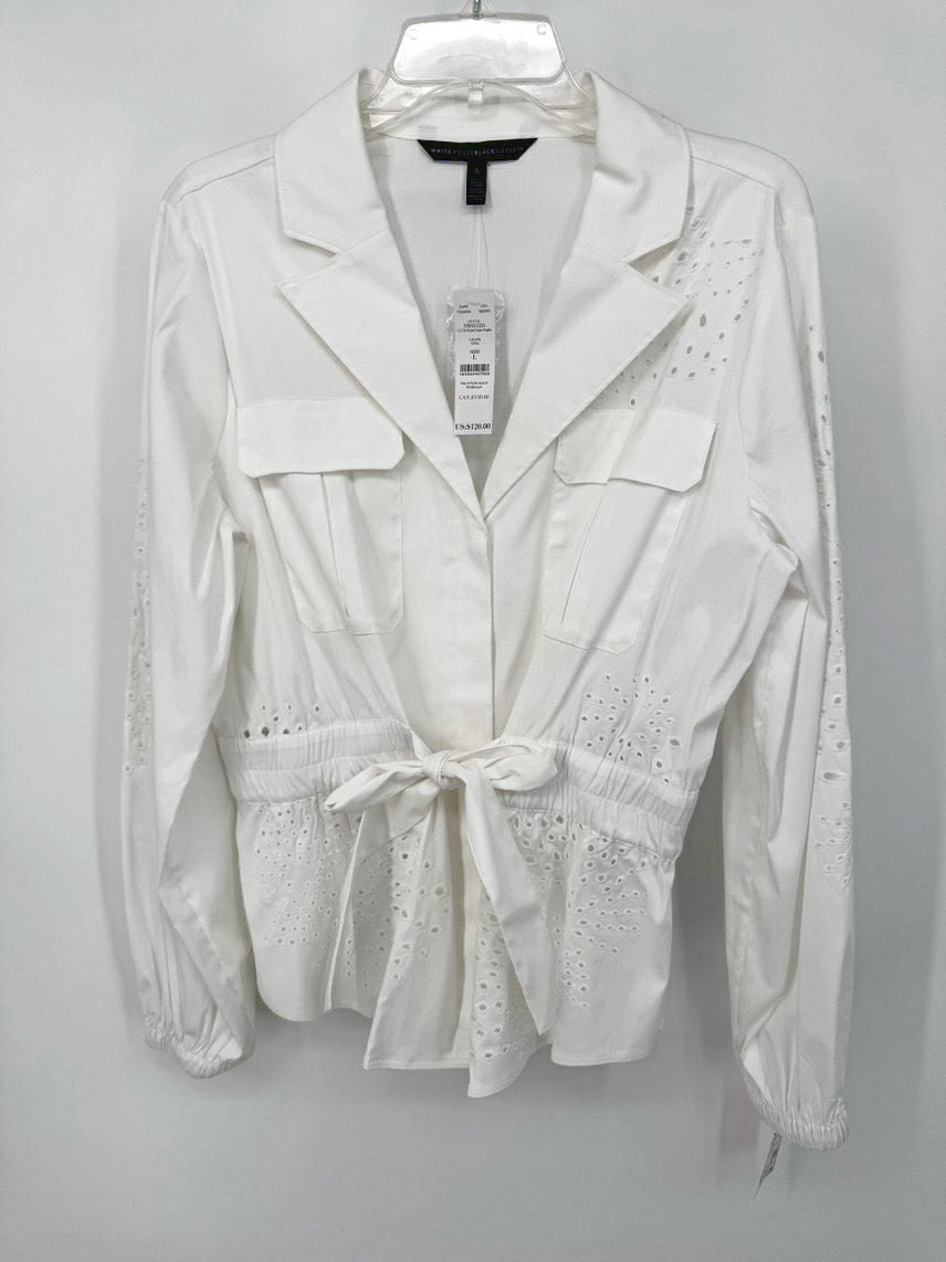 WHITE HOUSE BLACK MARKET Size L White Eyelet Tie Waist Blouse NWT