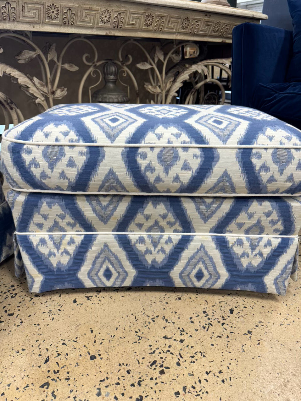 Blue & White Geometric Club Chair & Ottoman