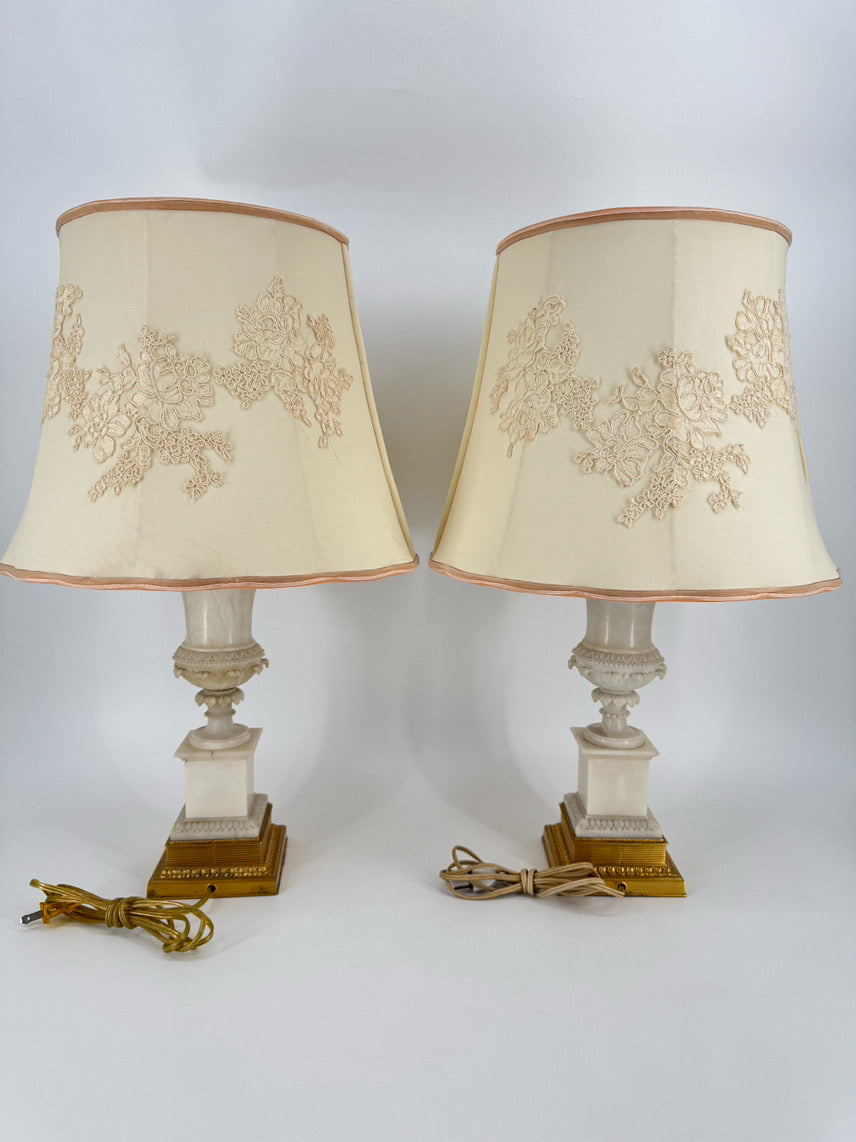 White Carved Alabaster w/ Brass Trim & Lace Embroidered Shade Pair of Lamps