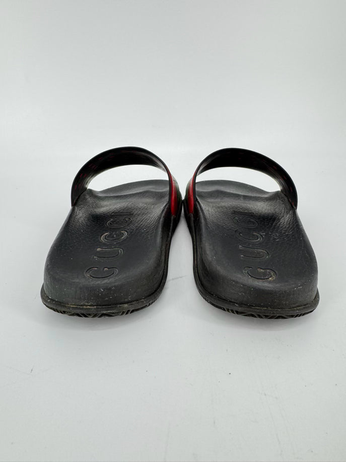 GUCCI Size 8.5 Black, Red & Green Rubber Slides