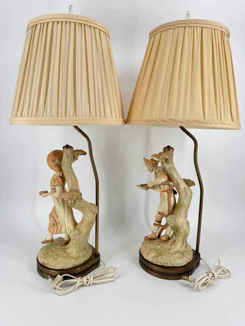 JAMES HADLEY Hand Painted Porcelain English Man & Woman Pair of Lamps