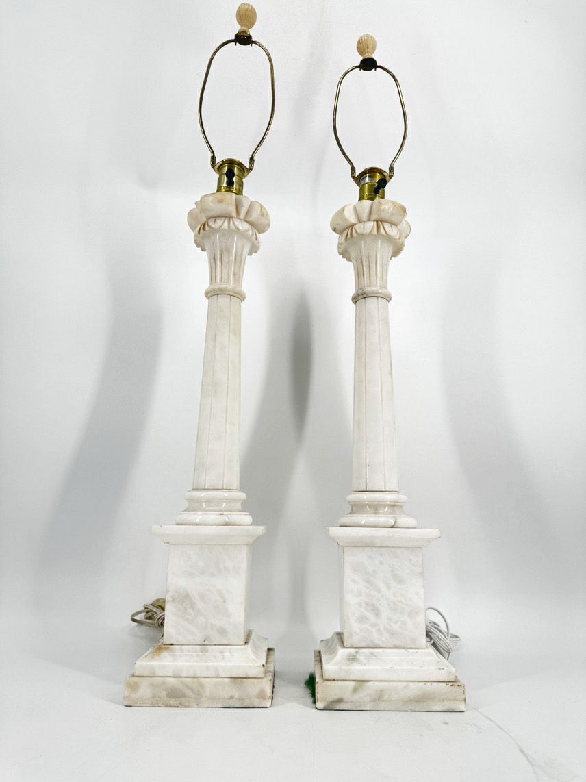 White Alabaster Neoclassical Column Pair of Lamps