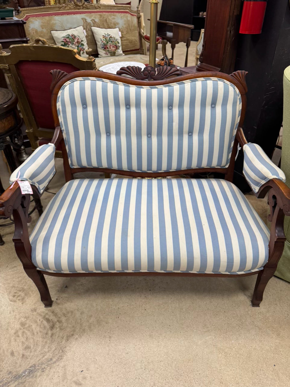 ANTIQUE Wood & Blue & White Stripe Upholstery Victorian Love Seat