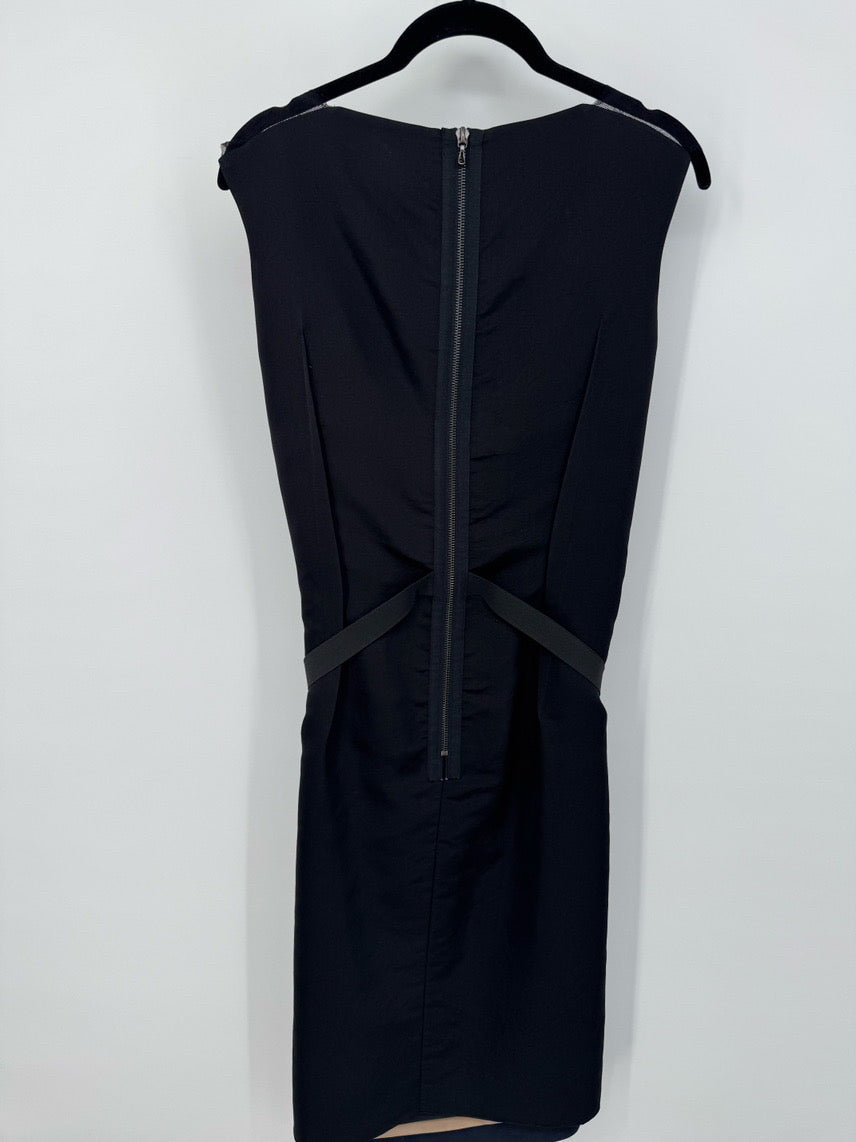 LANVIN PARIS Size 38 Black & Navy Silk Mesh Belted Sleeveless Dress