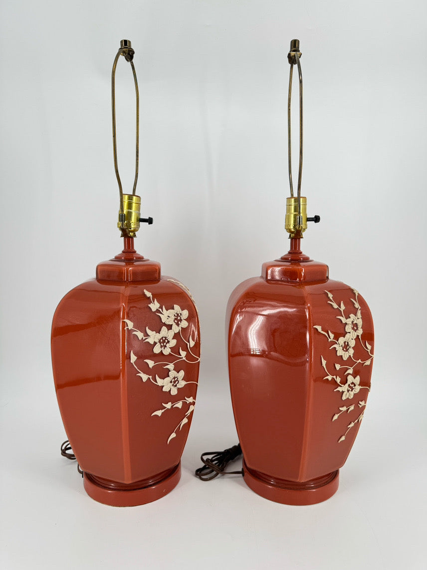 Burnt Orange Glass Raised Flower Design Pair of Ginger Jar Lamps