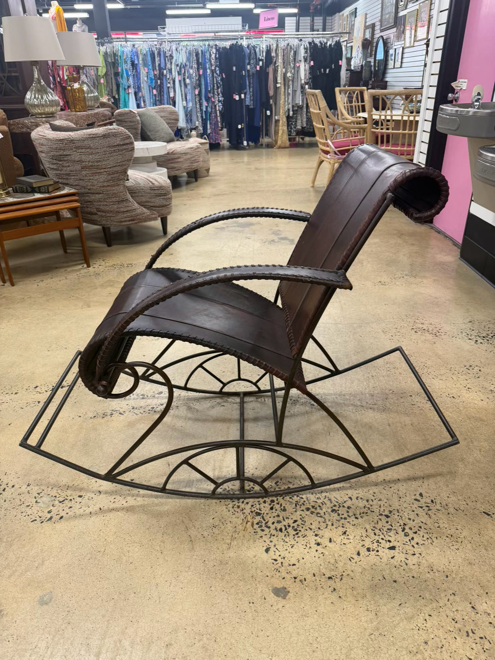 Brown Leather & Metal Rocking Chair