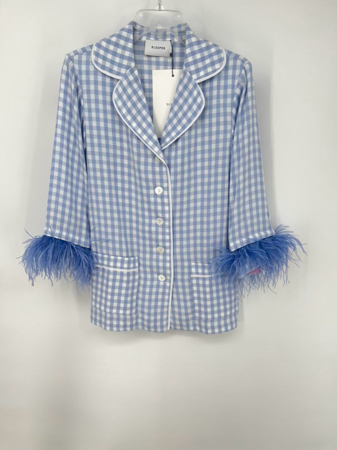 SLEEPER Size XS Periwinkle Feather Trim Checkered Pajama Set NWT