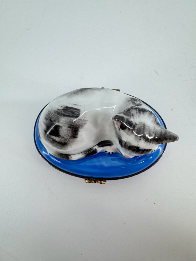 LIMOGES Black, White & Blue Cat on Blanket Ceramic Trinket Box