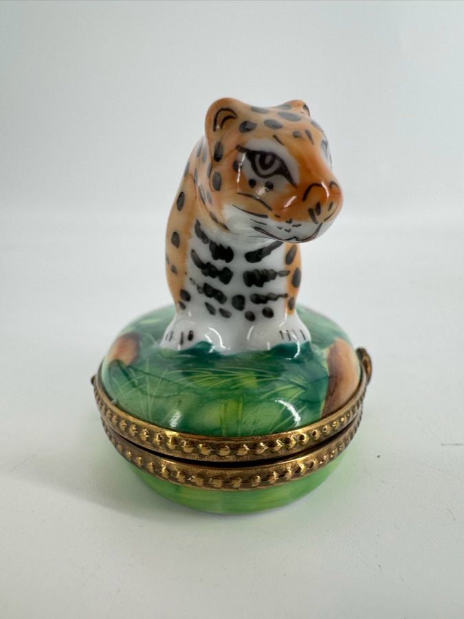 LIMOGES Green & Brown Leopard Ceramic Trinket Box
