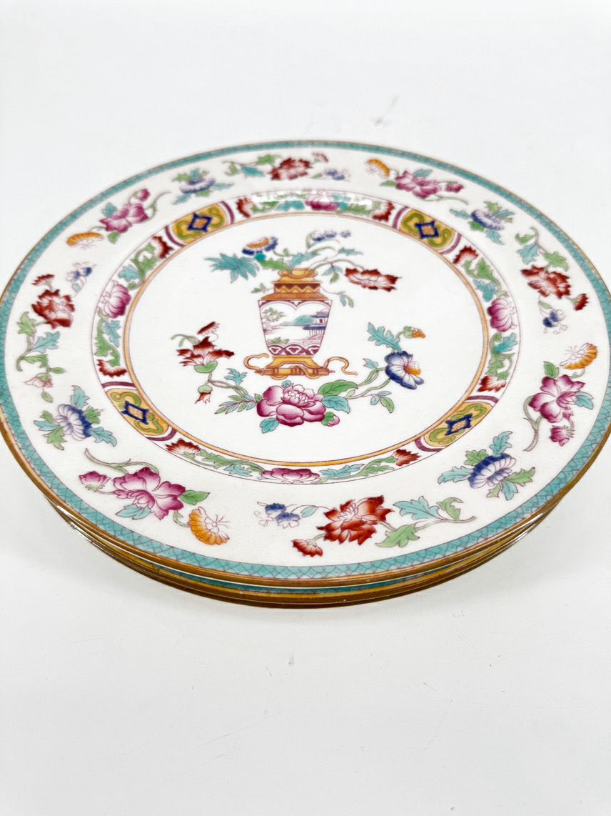 ROYAL DOULTON Pink & Aqua Handpainted Chinoiserie Set of 4 Plates