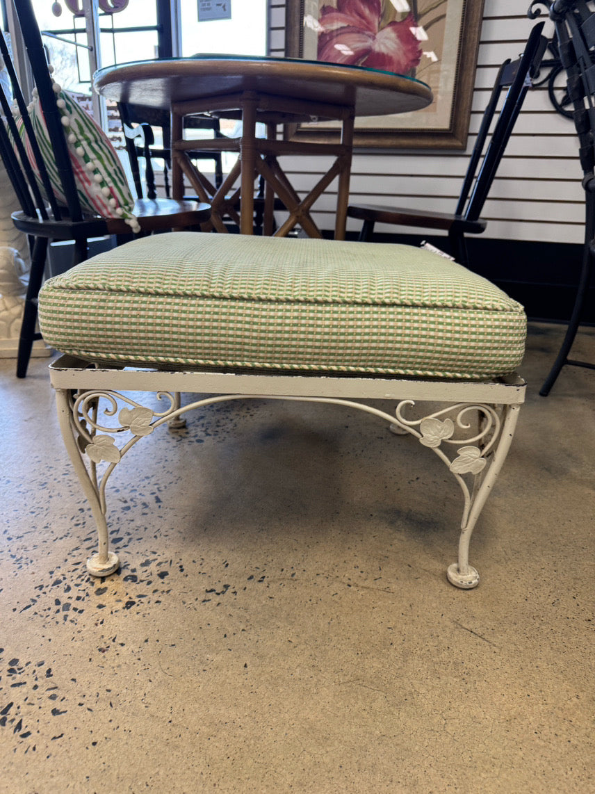 VINTAGE White & Green Wrought Iron Check Upholstered Ottoman