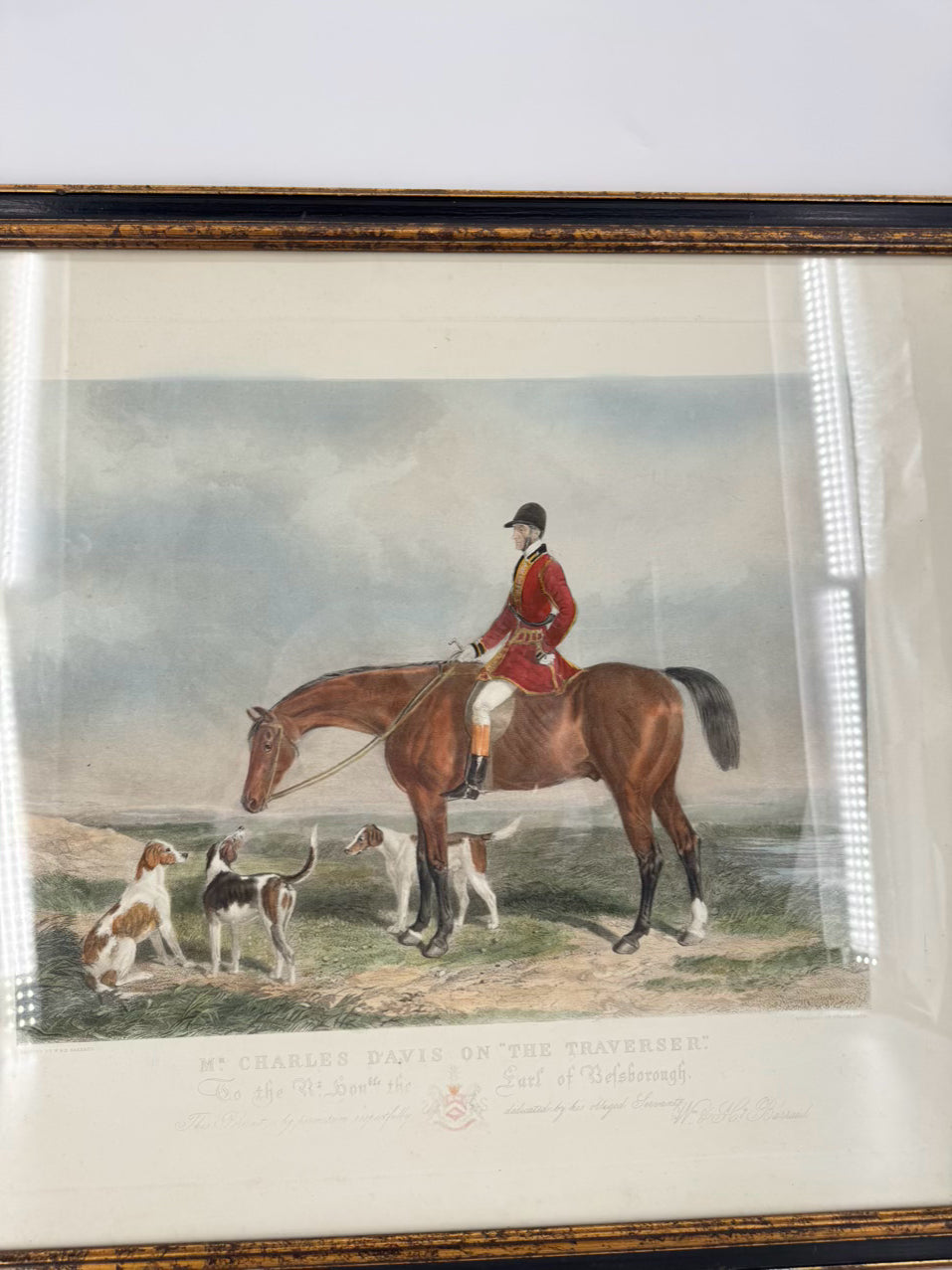 ANTIQUE W&H BARRAUD "Mr. Charles Davis on the Traverse" Engraving in Black & Gold Frame