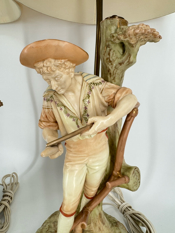 JAMES HADLEY Hand Painted Porcelain English Man & Woman Pair of Lamps
