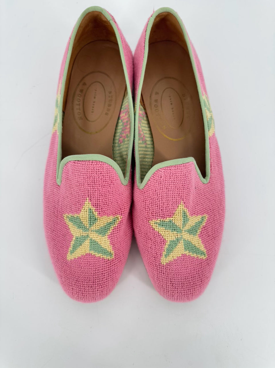 STUBBS & WOOTTON Size 9.5 Pink & Green Leather & Terrycloth Starfish Flats