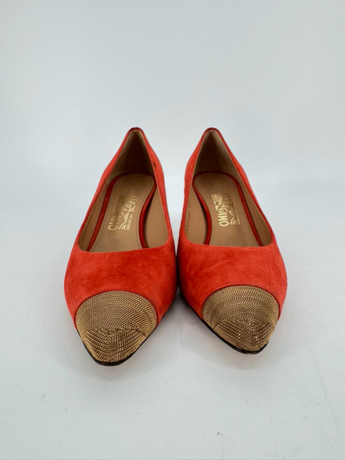 SALVATORE FERRAGAMO Size 8 Orange & Gold Toe Suede Kitten Heels