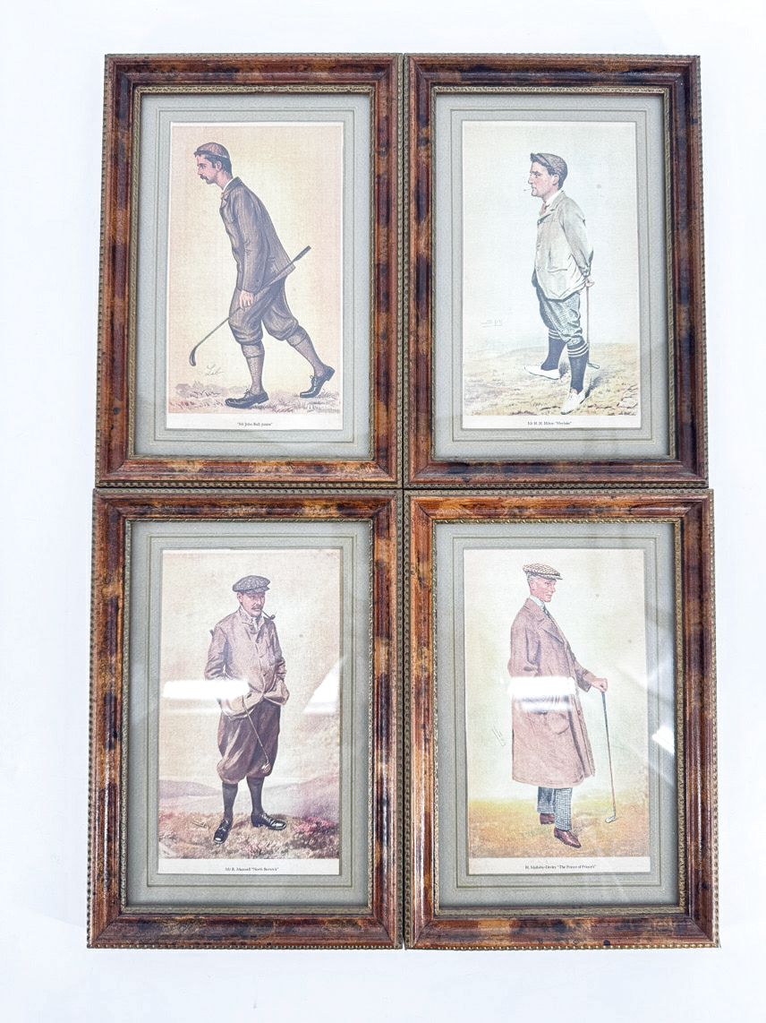 Set of 4 Framed Golfing Prints in Brown & Gold Frames