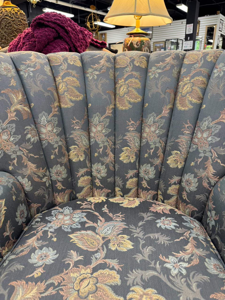 VINTAGE Blue & Pink Barrel Back Floral Chair w/ Queen Anne Legs