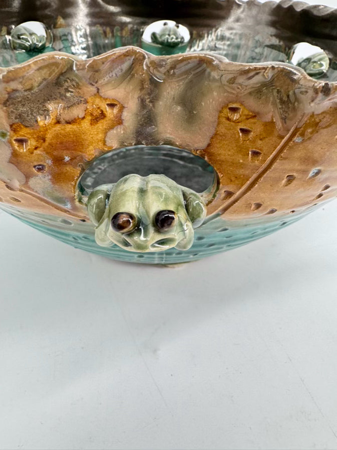 Green & Tan Pottery Frogs Large Bowl