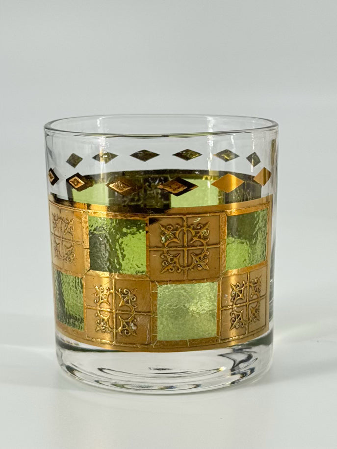VINTAGE Green & Gold Martini Pitcher w/ 6 Glasses
