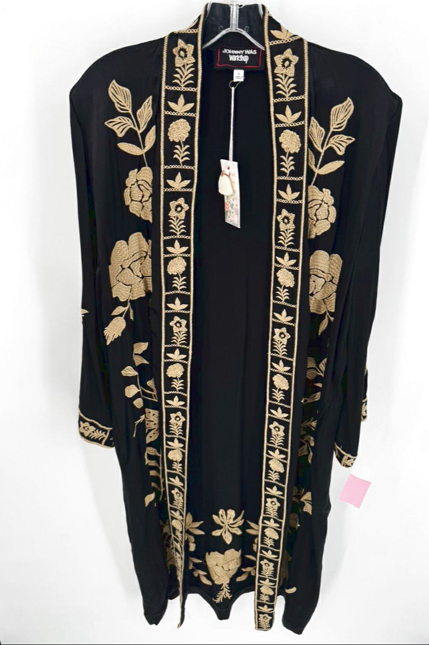 JOHNNY WAS Size S Black & Gold Embroidered Floral Martina Long Kimono NWT