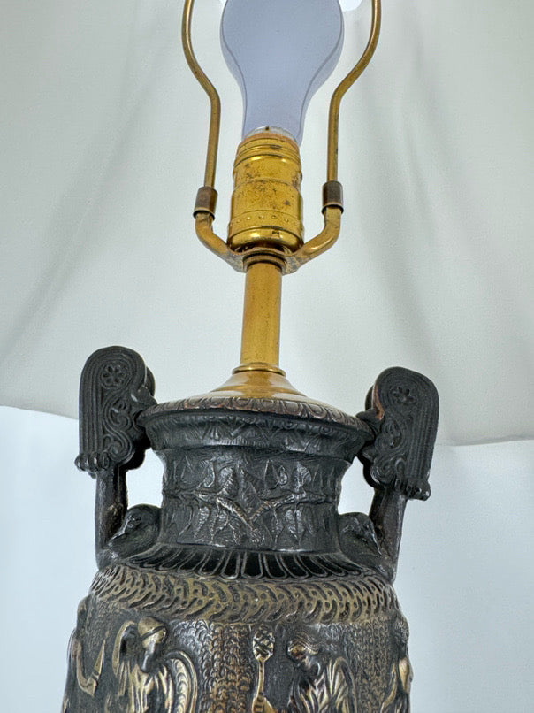 Black Neoclassical Urn Style Figural Pair of Lamps