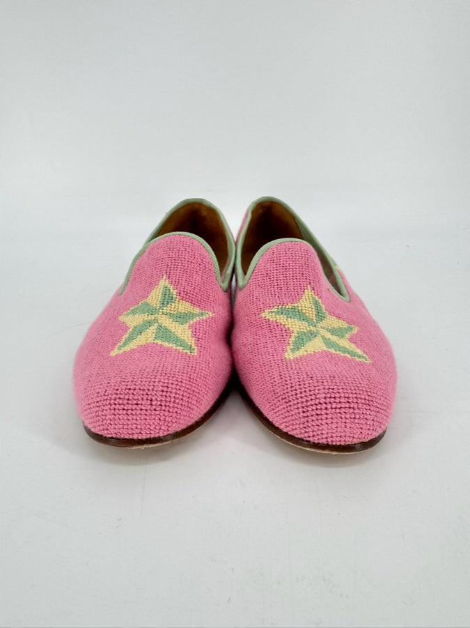 STUBBS & WOOTTON Size 9.5 Pink & Green Leather & Terrycloth Starfish Flats