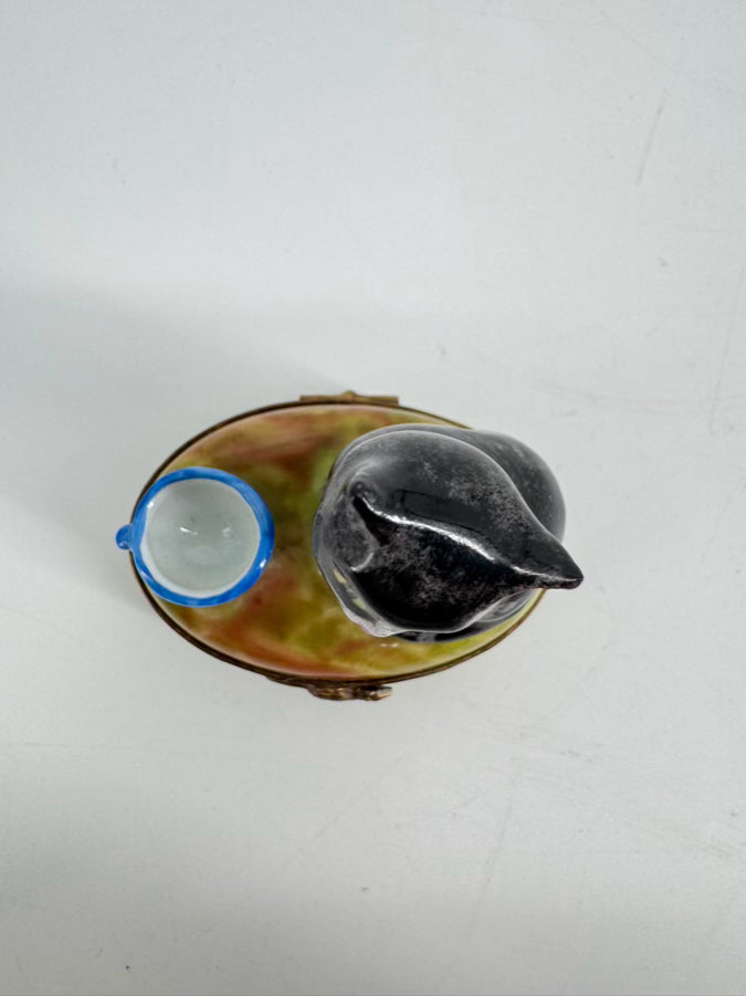 LIMOGES Black, Blue & Green Cat & Mug Ceramic Trinket Box