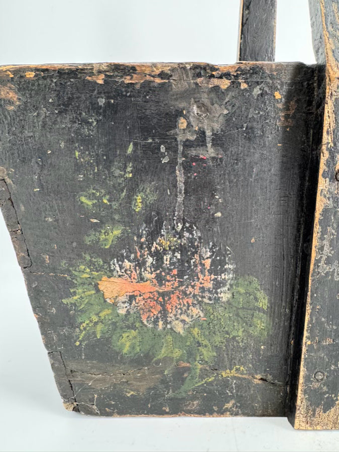 ANTIQUE Black Wood Painted Flowers Basket