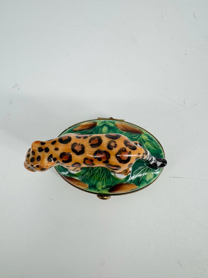 LIMOGES Green & Brown Leopard Ceramic Trinket Box
