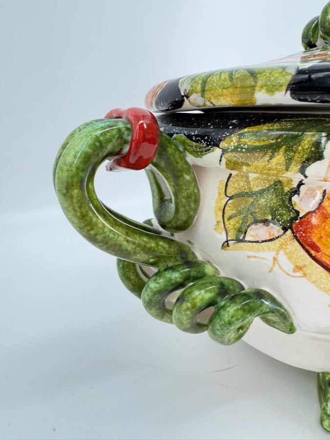 PORTUGAL Black, Green & Yellow Fruit Ceramic Footed Tureen w/ Lid