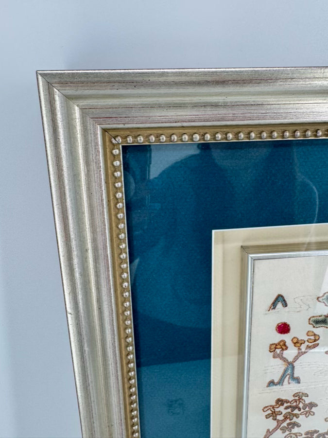 Cream Needlework Embroidered Silk Panels in Brushed Silver Shadow Box Frame