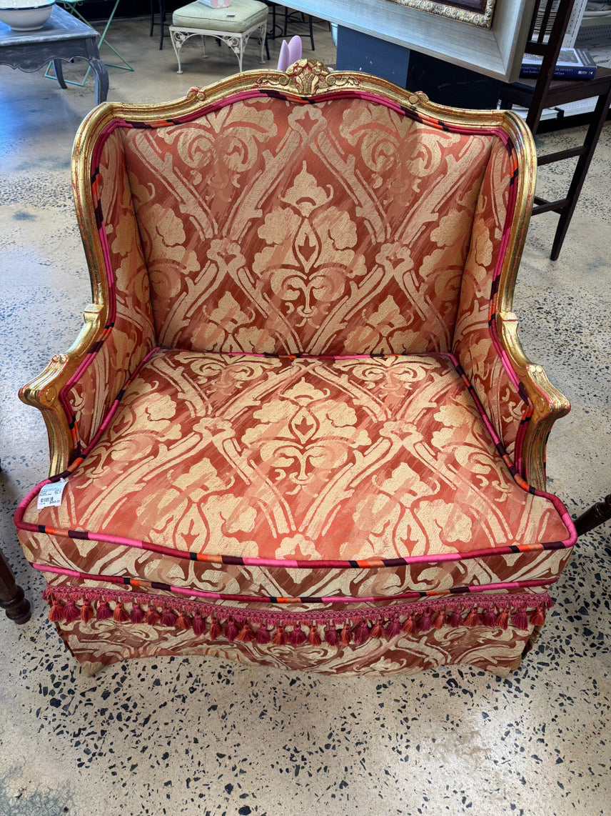 Gold & Salmon Wood & Upholstered Tassel Louis XVI Chair