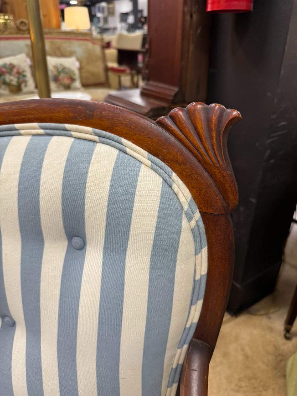 ANTIQUE Wood & Blue & White Stripe Upholstery Victorian Love Seat