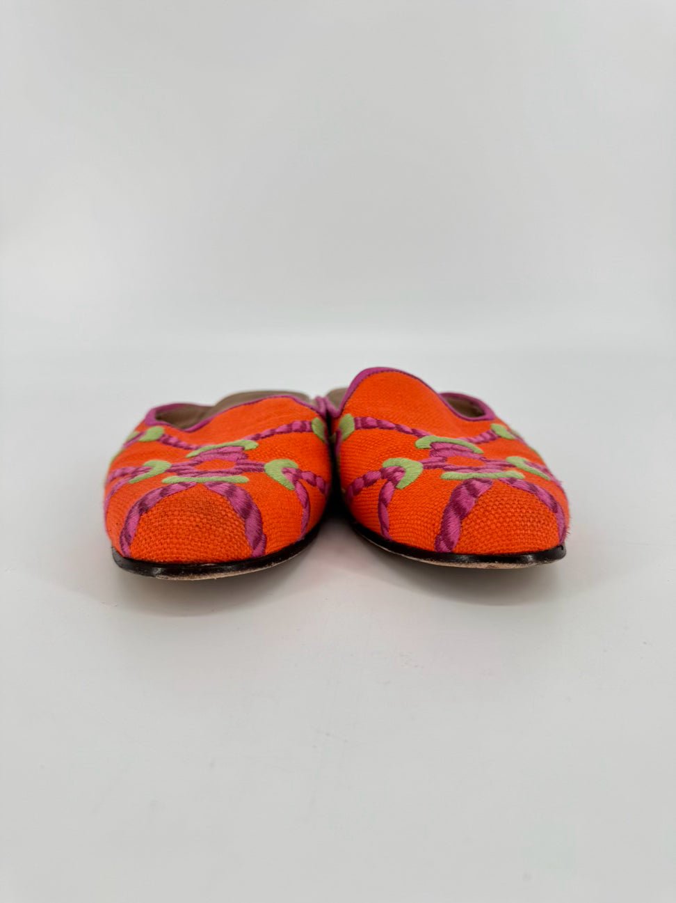 STUBBS & WOOTTON Size 9.5 Orange & Pink Leather & Fabric Knot Mules