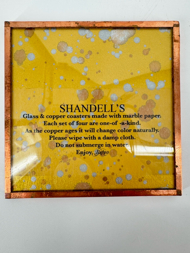 SHANDELL'S Yellow & Green Paper & Copper Set of 4 Coasters