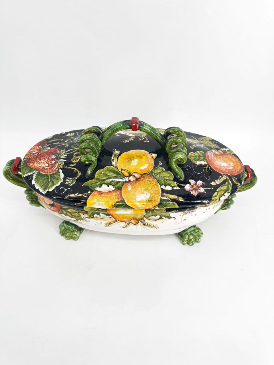 PORTUGAL Black, Green & Yellow Fruit Ceramic Footed Tureen w/ Lid
