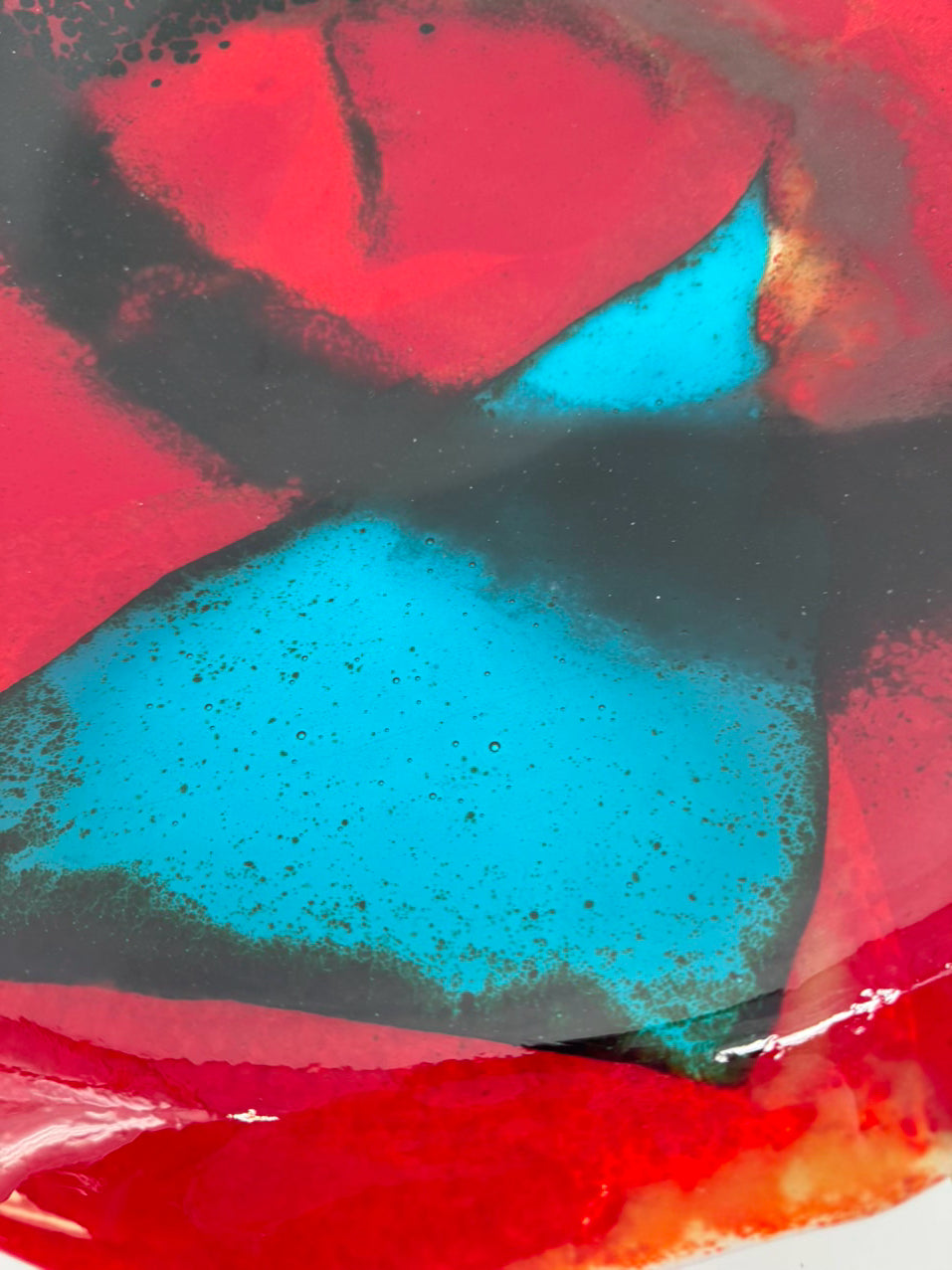 Red, Blue & Black Art Glass Large Round Shallow Bowl