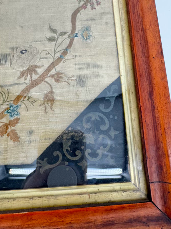 VINTAGE Silk Needlework in Antique Wood Frame