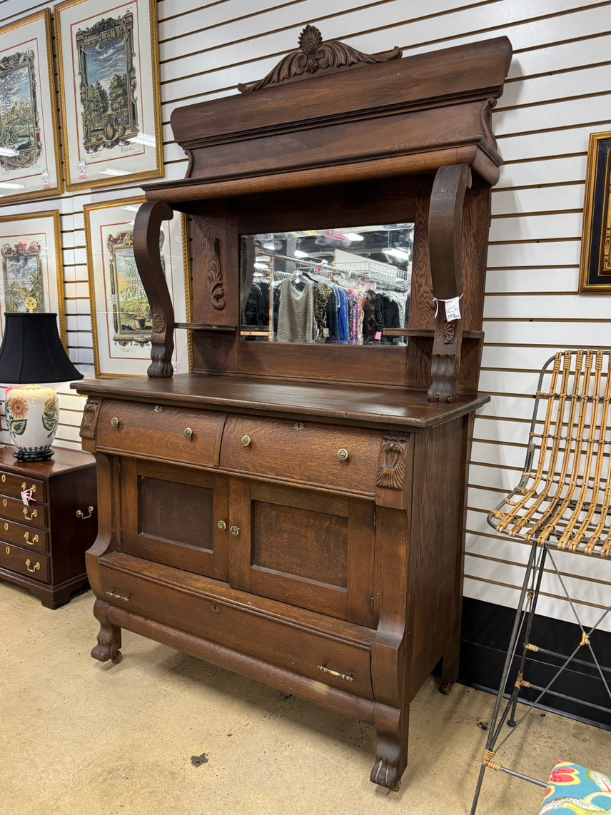 ANTIQUE Oak Mirror-Back 2-Tier Buffet