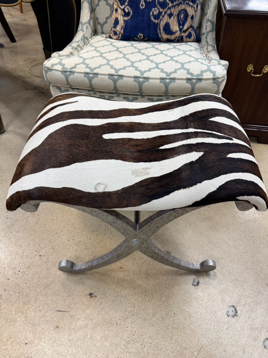 Brushed Silver Metal & Zebra Print Fabric Foot Stool