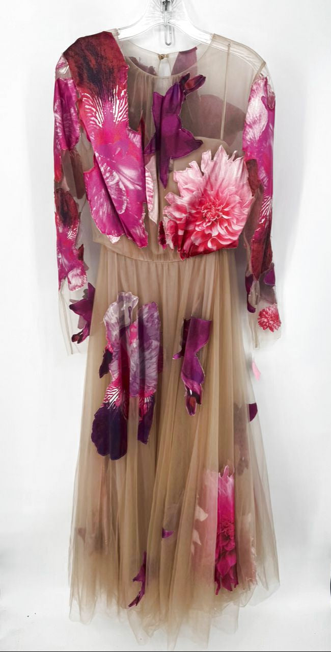 LUCIAN MATIS Size 12 Fuschia & Nude Tulle Floral Gown
