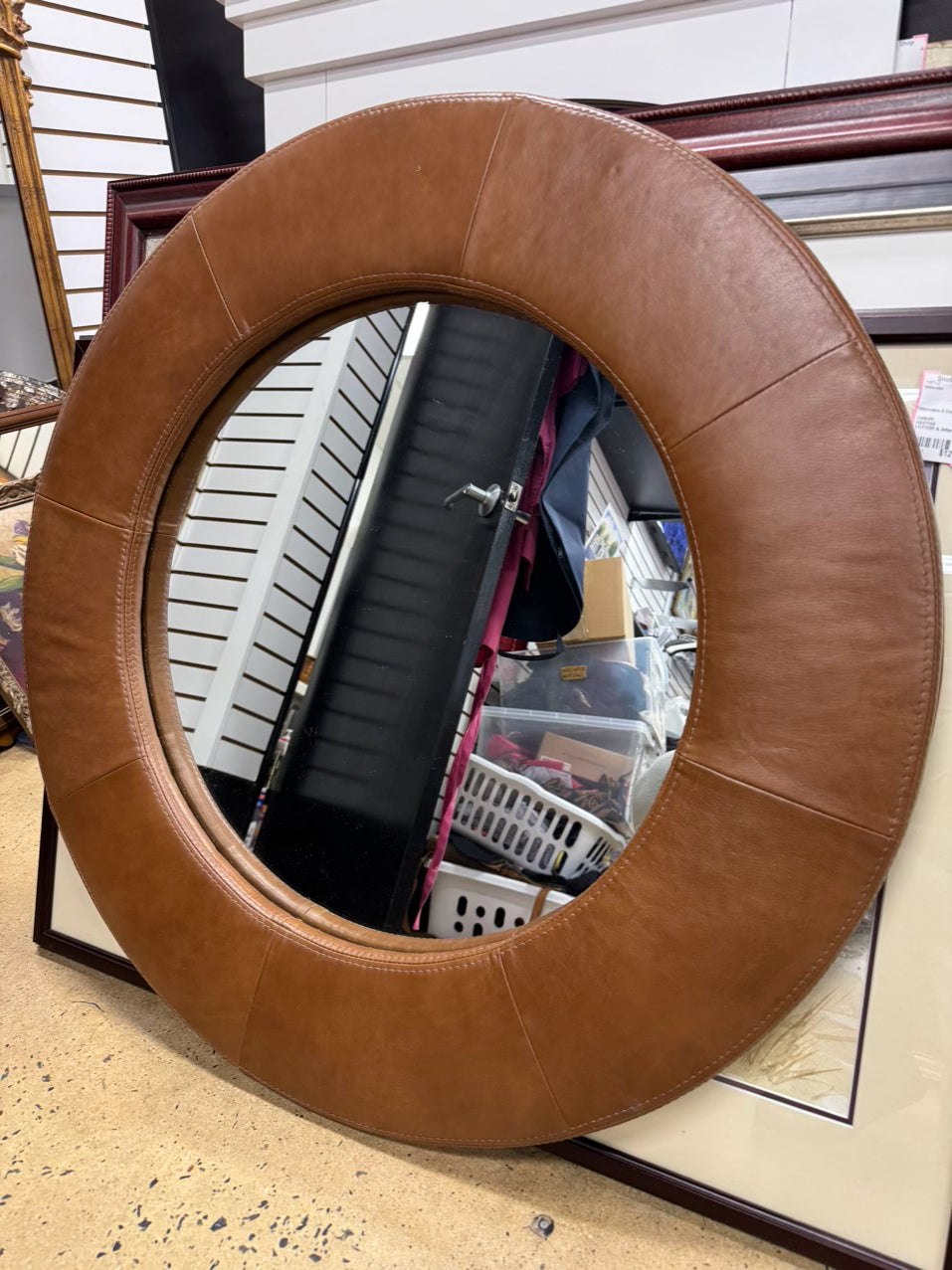 FOR NOW DESIGNS Caramel Leather Round Mirror