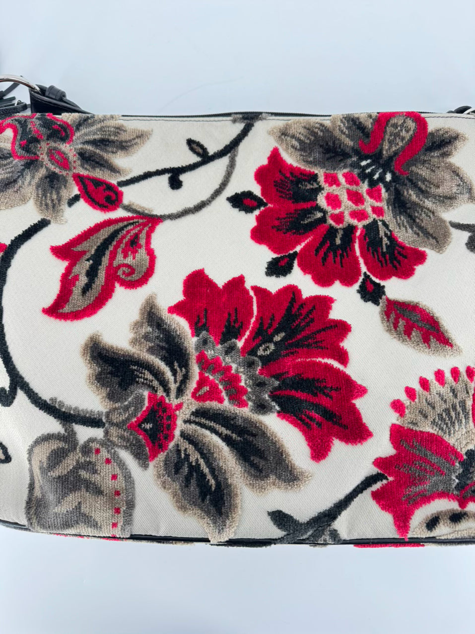 GLENDA GIES Gray & Red Velour Floral Purse