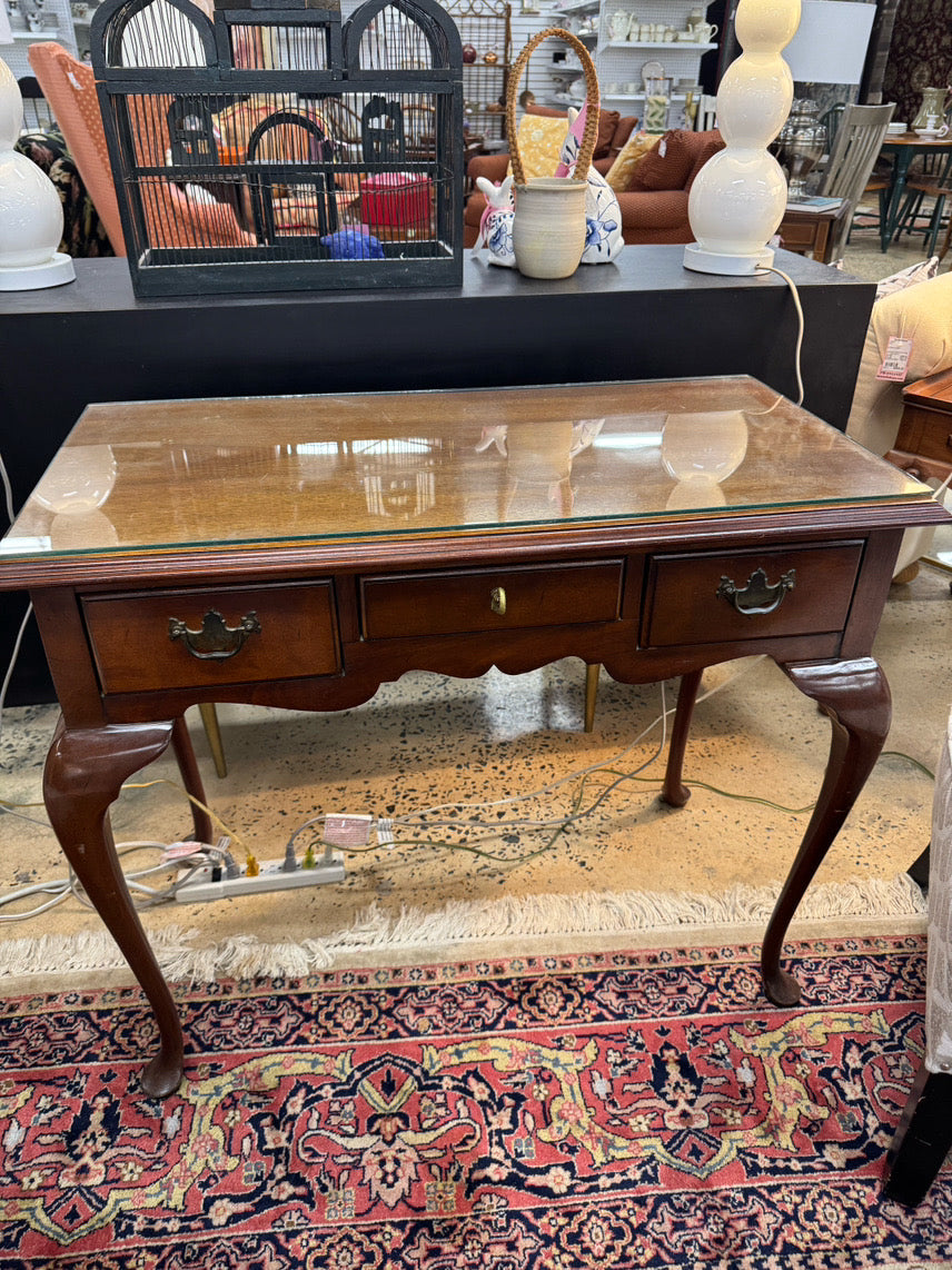 Wood Glass-Top 3-Drawer Queen Ann Desk
