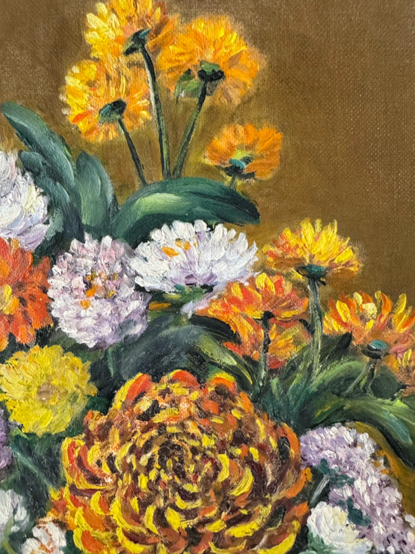 S. JOHNSON Orange & Purple Flowers in Vase Painting in Gold Frame