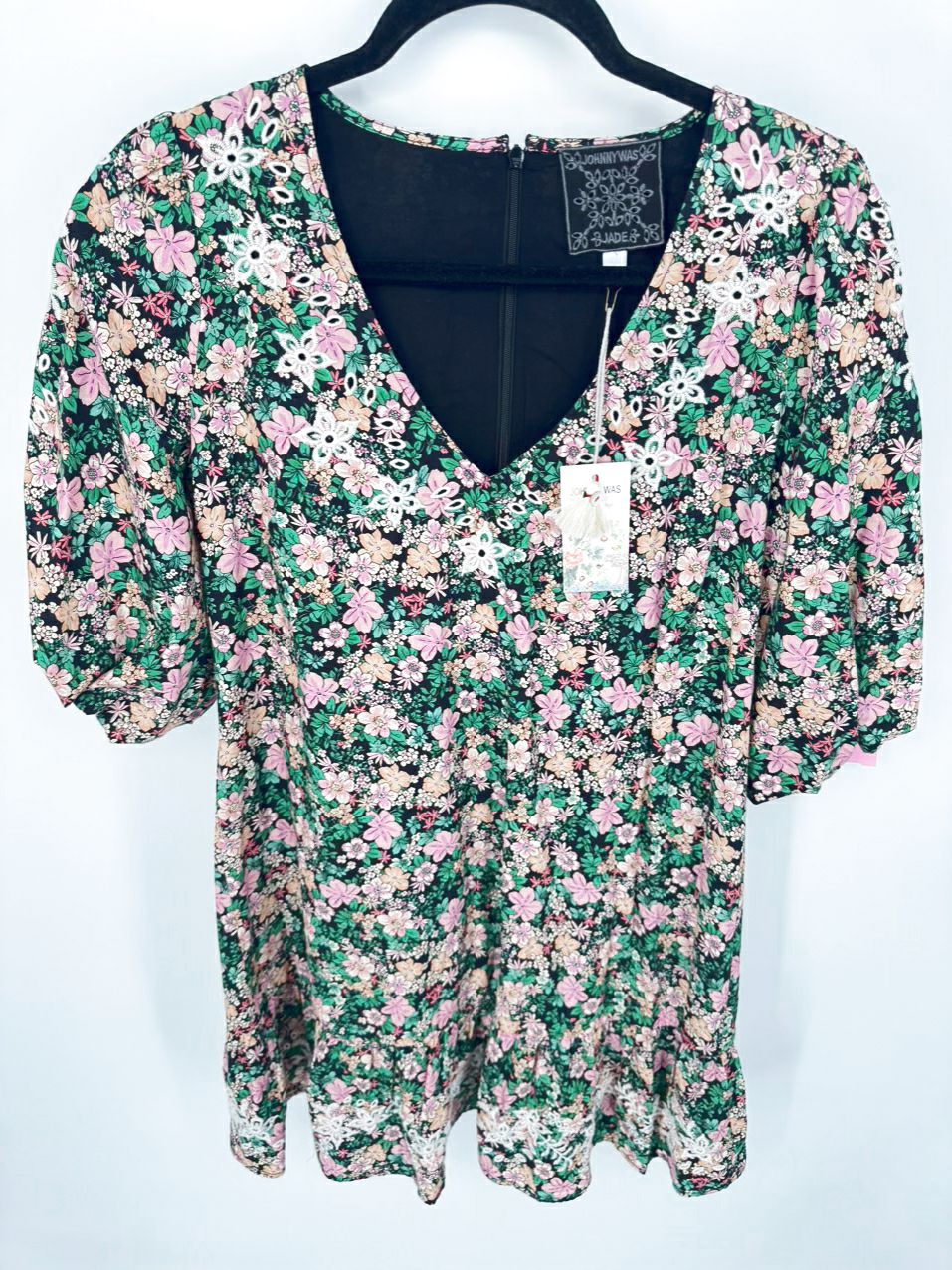 JOHNNY WAS Size S Green & Pink Floral Embroidered Rebekah Poplin Mini Dress NWT