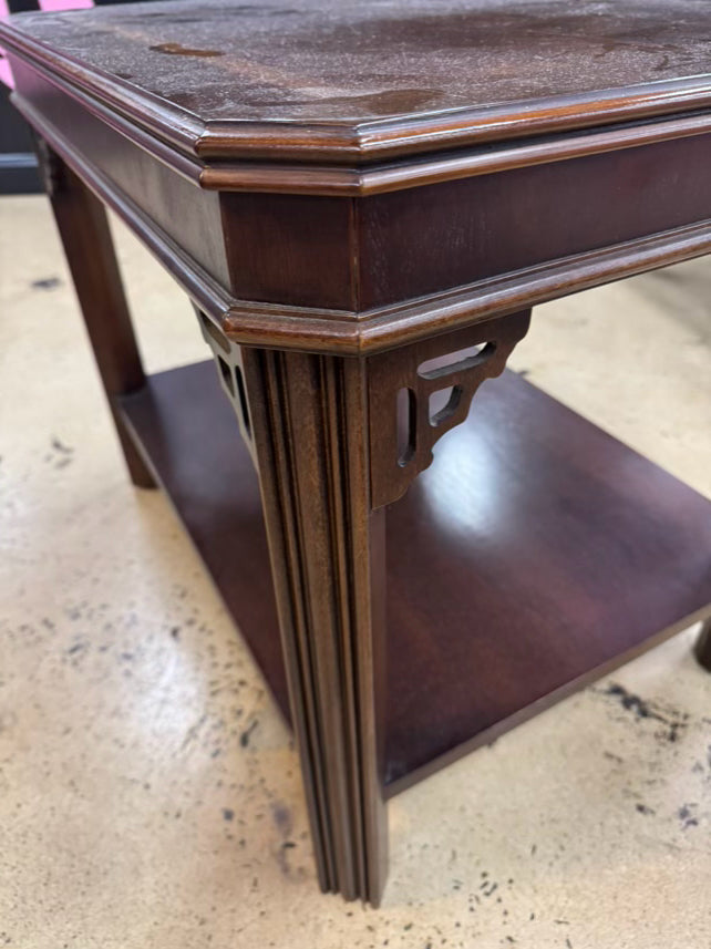 Wood Inlay Chippendale End Table w/ Bottom Shelf