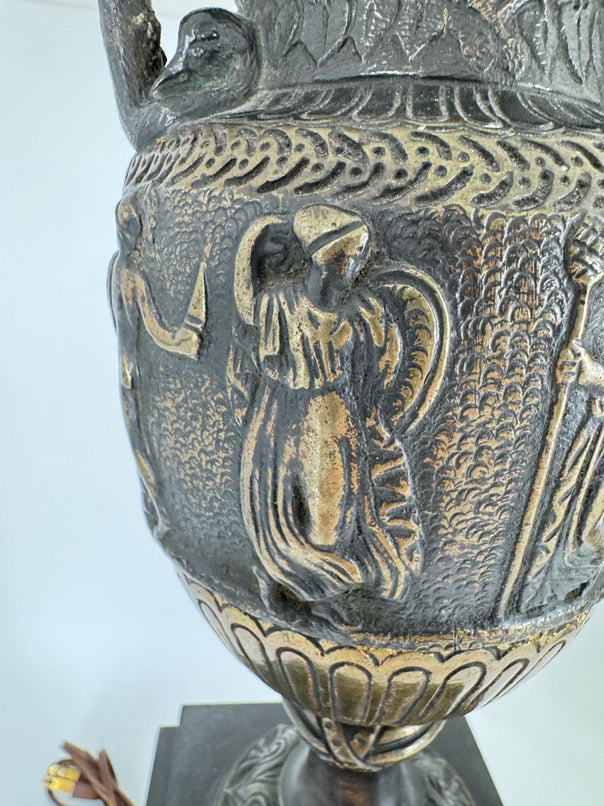Black Neoclassical Urn Style Figural Pair of Lamps